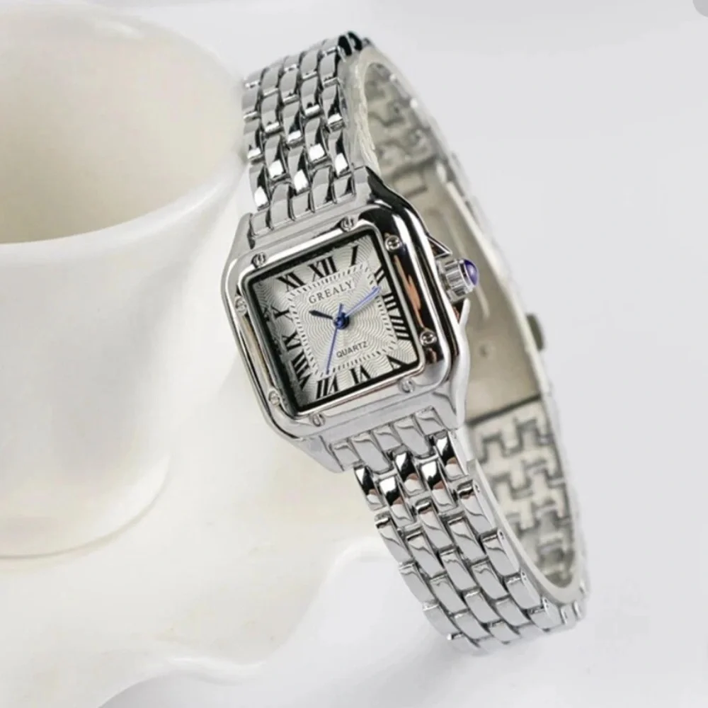 Women Silver tone Stainless steel Rhinestone Bezel Square Watch